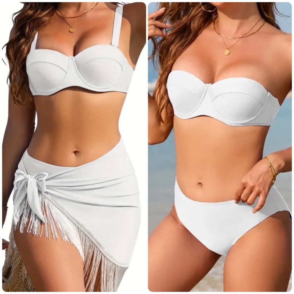 3pc White Push Up Bandeau High Waisted Bikini Set with Sarong Cover Up